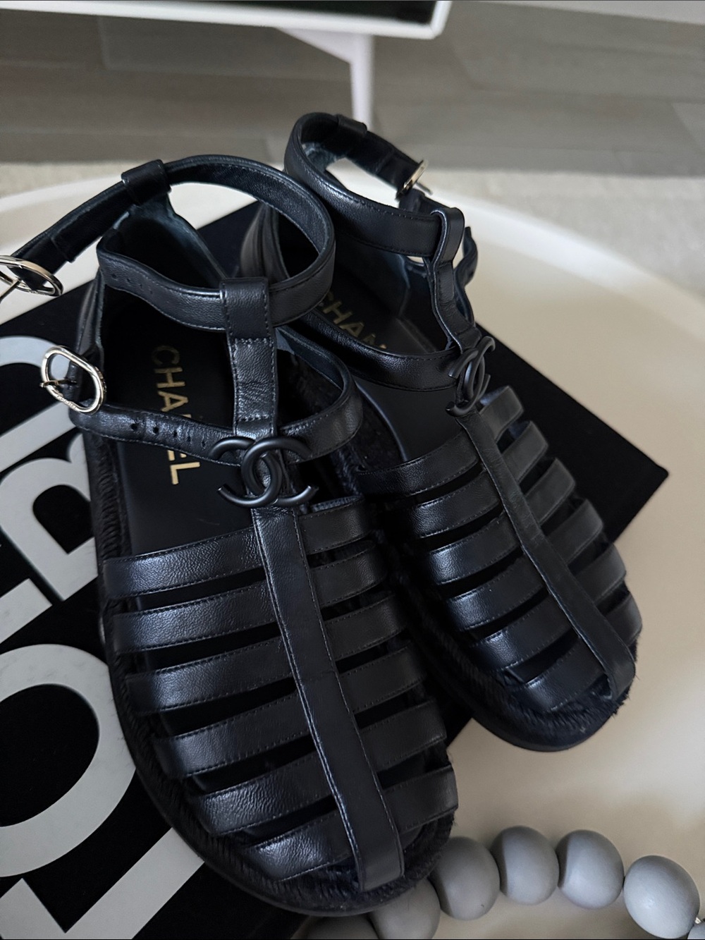 CHANEL Black Leather Strappy Fisherman Sandals with CC Accent